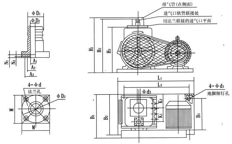 2X-4A型雙級的安裝尺寸表