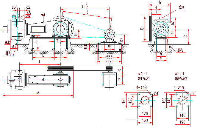 W4-1、W5-1往复式真空泵安装尺寸图